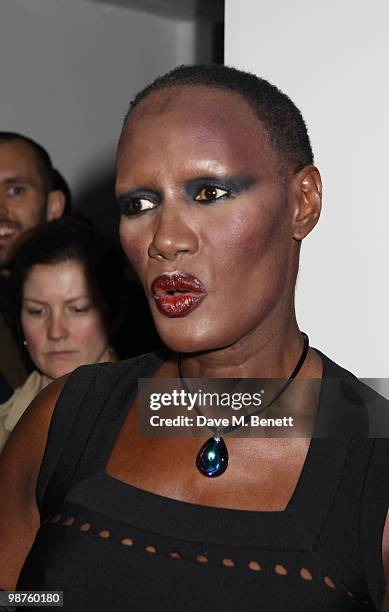 Grace Jones attends the private view of 'Stillness At The Speed Of Light' an exhibition of portraits by Chris Levine on April 29, 2010 in London,...