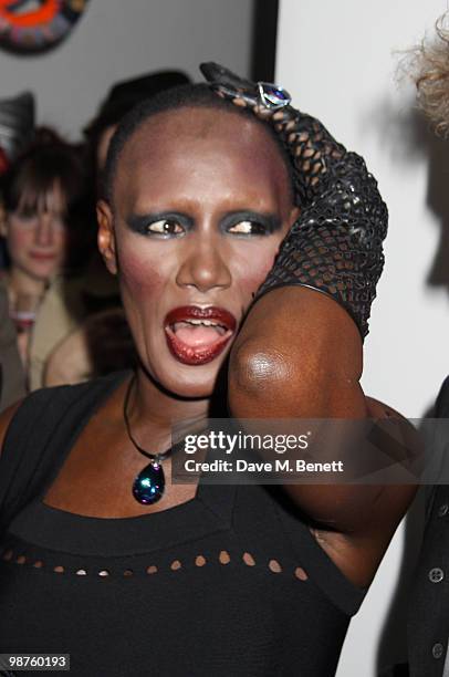 Grace Jones attends the private view of 'Stillness At The Speed Of Light' an exhibition of portraits by Chris Levine on April 29, 2010 in London,...