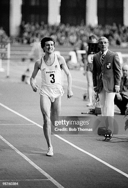 Sebastian Coe of England pushes himself to the finishing line in the 800m in which he set a new men's World Indoor record of 1 minute, 44.91 seconds,...