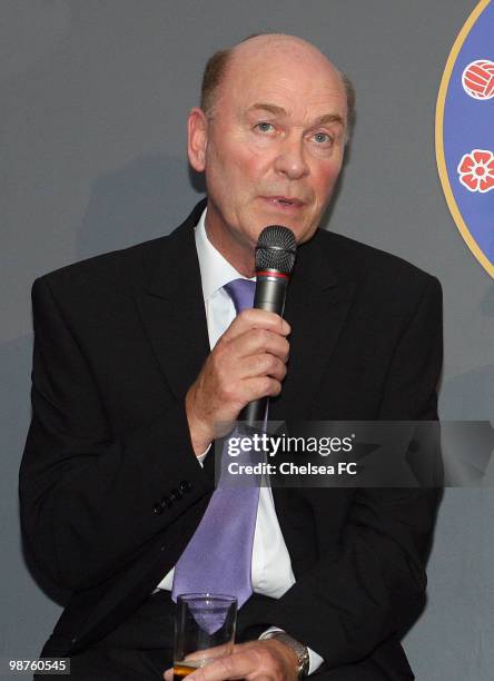 John Dempsey of the 1970 FA Cup winning team answers a question during the Star on a Stool event at Stamford Bridge on April 29, 2010 in London,...