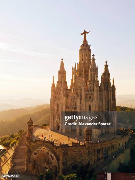 sagrat cor church on tibidabo mountain, barcelona, spain - tibidabo fotografías e imágenes de stock