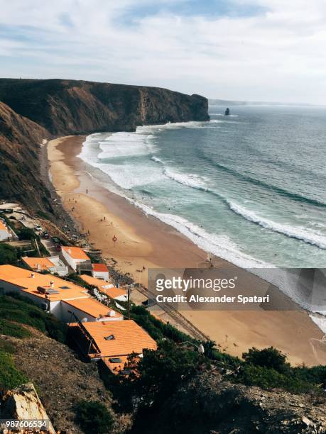 praia do arrifana aerial view, aljezur, portugal - alentejo stockfoto's en -beelden