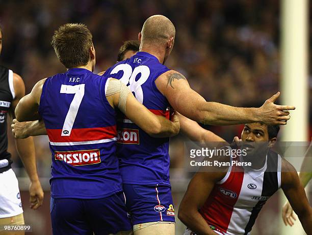 Barry Hall of the Bulldogs after clashing with Raphael Clarke of the Saints during the round six AFL match between the Western Bulldogs and the St...