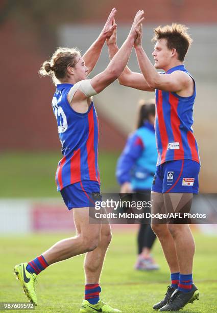 Tom Hobbs of Port Melbourne celebrates a goal during the round 13 VFL match between Port Melbourne and Sandringham at North Port Oval on June 30,...