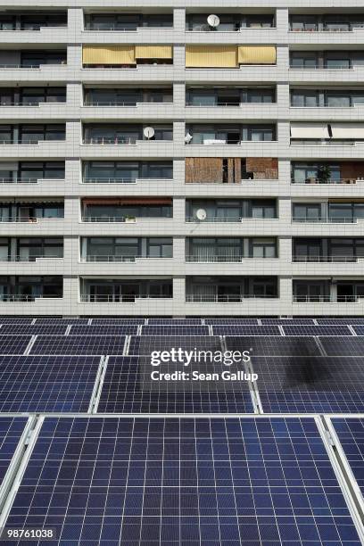 Solar cell panels stand on a rooftop next to an apartment building on April 30, 2010 in Berlin, Germany. Germany has invested heavily in solar and...