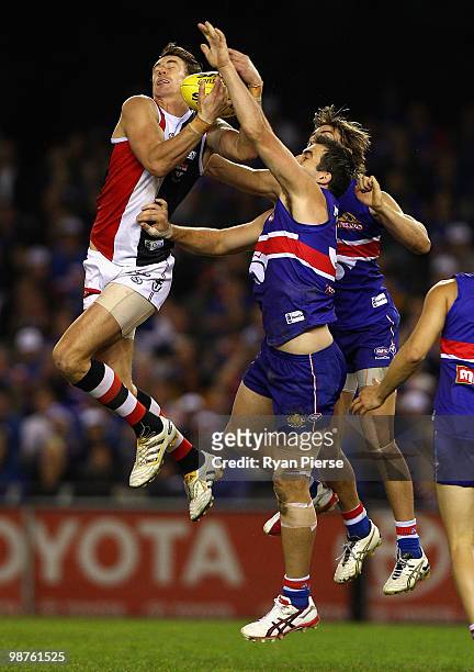 Justin Koschitzke of the Saints marks during the round six AFL match between the Western Bulldogs and the St Kilda Saints at Etihad Stadium on April...