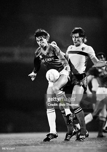 Leicester City striker Alan Smith is challenged by Steve Terry of Watford during a Division One football match held at Filbert Street, Leicester on...