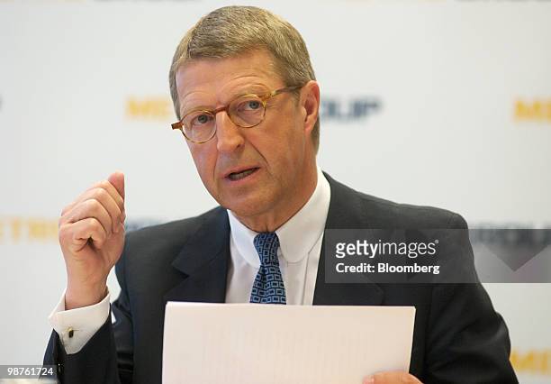 Eckhard Cordes, chief executive officer of Metro AG, gestures while speaking at the company's earnings news conference in Duesseldorf, Germany, on...