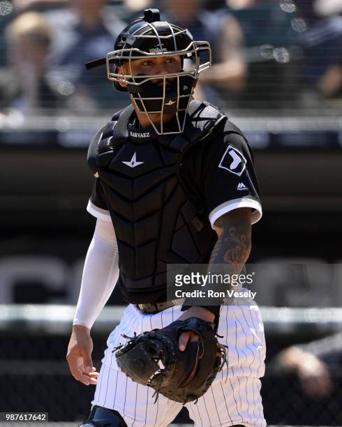 Omar Narvaez of the Chicago White Sox looks on against the Baltimore Orioles on May 21, 2018 at Guaranteed Rate Field in Chicago, Illinois.