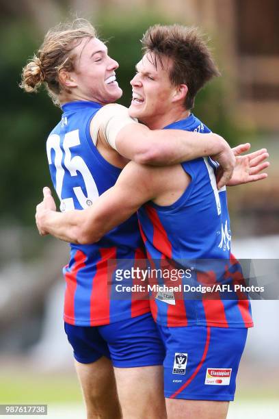Tom Hobbs and Isaac Conway of Port Melbourne of Port Melbourne celebrate a goal during the round 13 VFL match between Port Melbourne and Sandringham...