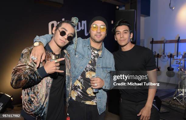 Usic artists Ezekiel, Osmar Escobar and Jeremiah attend a release party for his EP "La Cultura" at Gibson Brand Showroom on June 29, 2018 in Beverly...