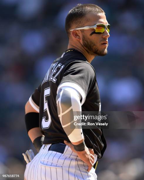 Yolmer Sanchez of the Chicago White Sox looks on against the Baltimore Orioles on May 21, 2018 at Guaranteed Rate Field in Chicago, Illinois.