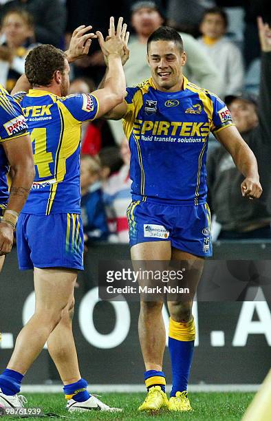 Jarryd Hayne of the Eels celebrates his try during the round eight NRL match between the Parramatta Eels and the Canterbury-Bankstown Bulldogs at ANZ...