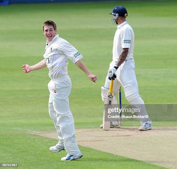 Chris Woakes of Warwickshire celebrates after taking the wicket of Nic Pothas of Hampshire during the LV County Championship match between...
