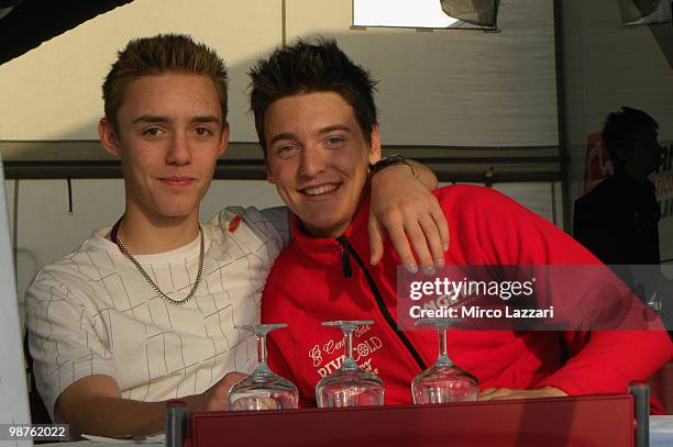 Jonas Folger of Germany and Ongetta Team and Luca Marconi of Italy and Ongetta Team look on in hospitality at Circuito de Jerez on April 29, 2010 in...