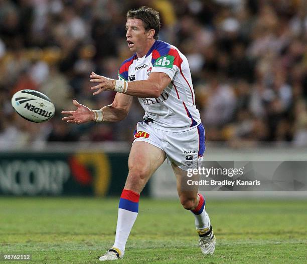 Kurt Gidley of the Knights passes the ball during the round eight NRL match between the Brisbane Broncos and the Newcastle Knights at Suncorp Stadium...