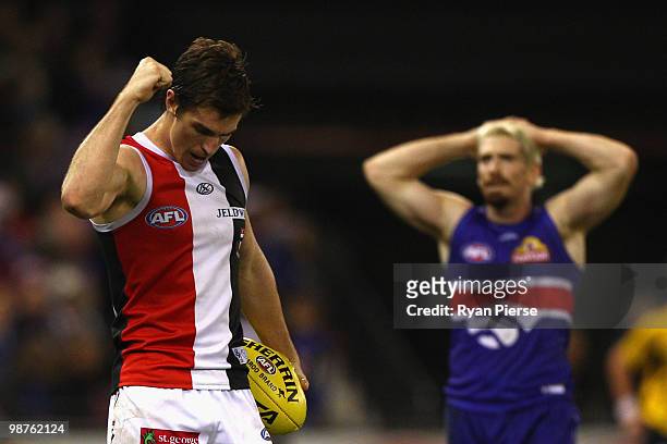 Lenny Hayes of the Saints celebrates victory during the round six AFL match between the Western Bulldogs and the St Kilda Saints at Etihad Stadium on...