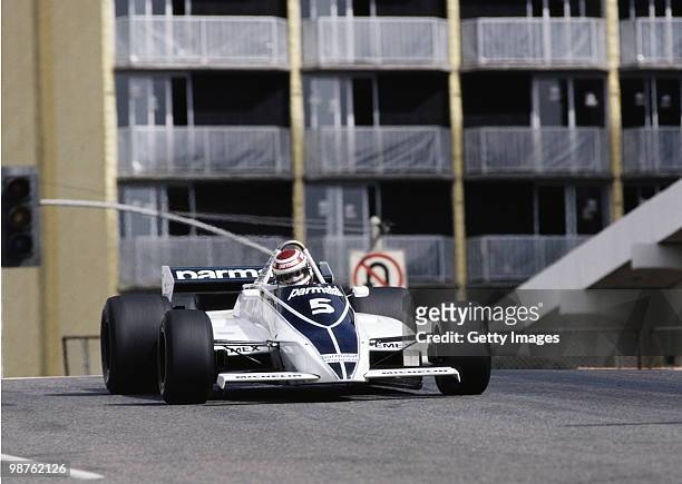 Nelson Piquet drives the Parmalat Racing Team Brabham Ford BT49C during the United States Grand Prix West on 15 March 1981 at the Long Beach street...