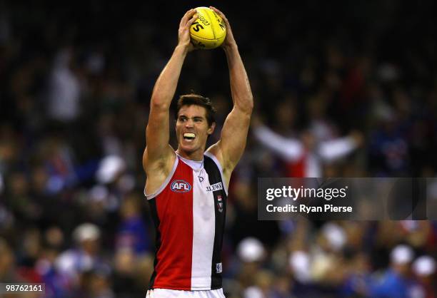 Lenny Hayes of the Saints celebrates victory during the round six AFL match between the Western Bulldogs and the St Kilda Saints at Etihad Stadium on...