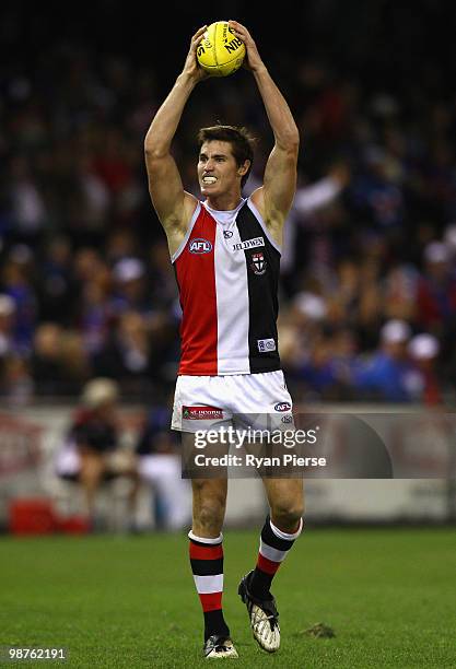 Lenny Hayes of the Saints celebrates victory during the round six AFL match between the Western Bulldogs and the St Kilda Saints at Etihad Stadium on...