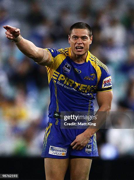 Timana Tahu of the Eels gestures towards Jamal Idris of the Bulldogs during the round eight NRL match between the Parramatta Eels and the...