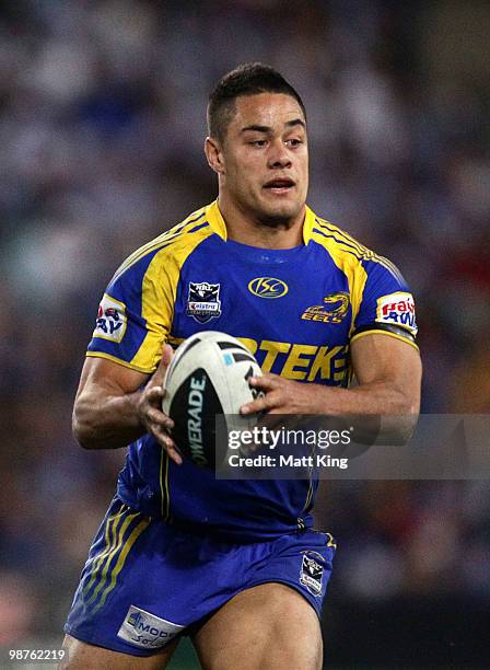 Jarryd Hayne of the Eels runs with the ball during the round eight NRL match between the Parramatta Eels and the Canterbury-Bankstown Bulldogs at ANZ...