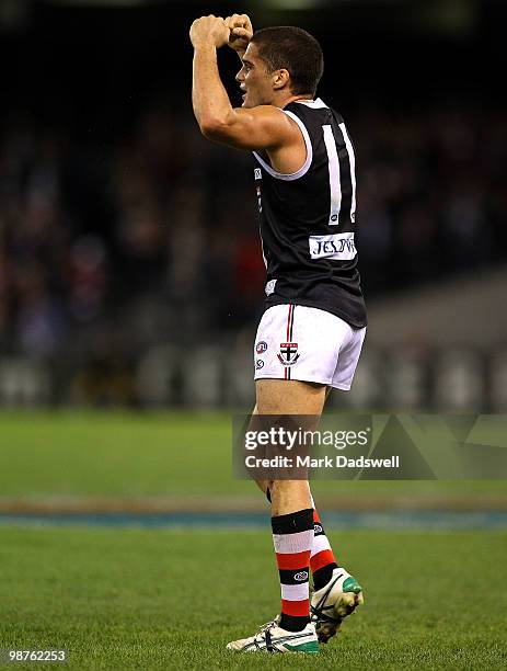 Leigh Montagna of the Saints celebrates their win in the round six AFL match between the Western Bulldogs and the St Kilda Saints at Etihad Stadium...