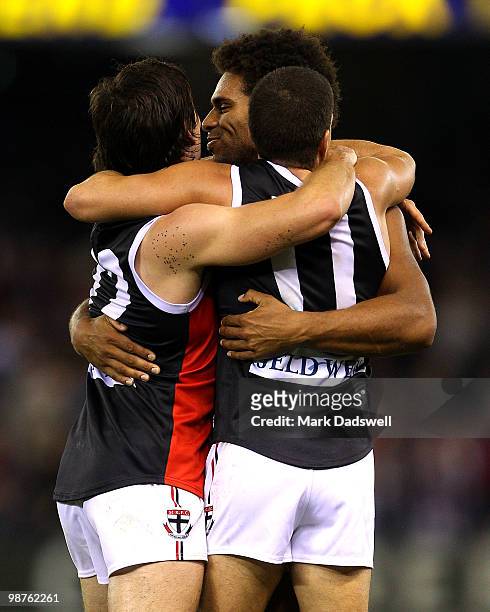 Farren Ray, James Gwilt and Leigh Montagna of the Saints celebrate their win in the round six AFL match between the Western Bulldogs and the St Kilda...