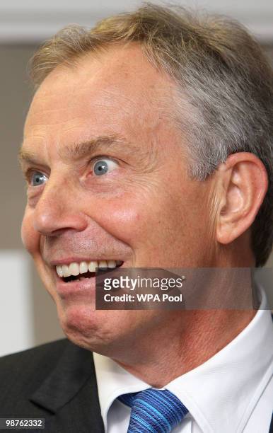 Former Prime Minister Tony Blair reacts during a visit to Alexandra Avenue Health and Social Care Centre in Harrow as he returned to the Labour...
