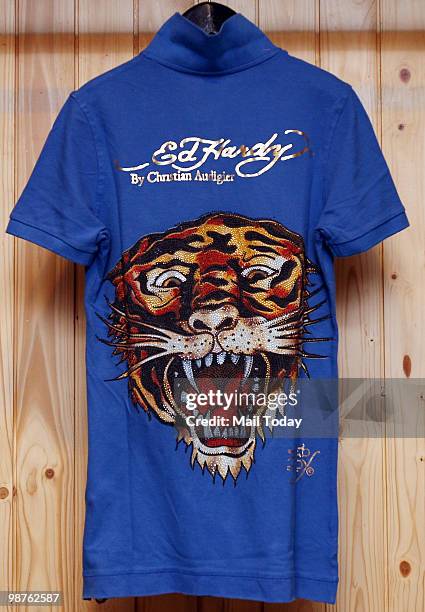 An Ed-hardy t-shirt is displayed at a store in New Delhi on April 27, 2010.