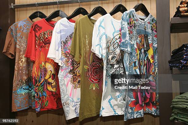 Shirts are displayed at the Ed-Hardy store at Select Citywalk, Saket in New Delhi on April 27, 2010.