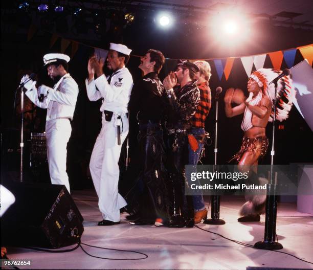 American disco group Village People performing in Florida, March 1979. Left to right: Victor Willis, Alex Briley, Randy Jones, Glenn Hughes , David...