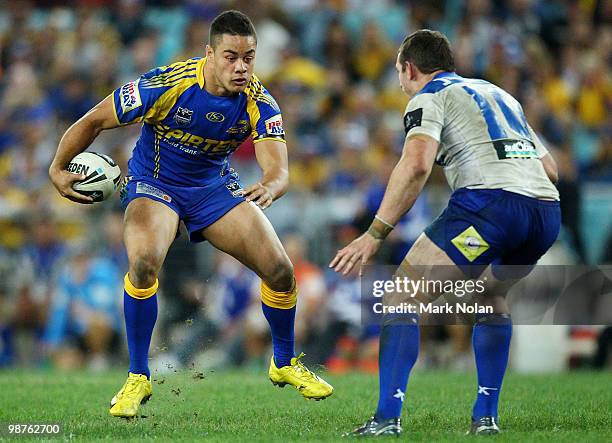 Jarryd Hayne of the Eels in action during the round eight NRL match between the Parramatta Eels and the Canterbury-Bankstown Bulldogs at ANZ Stadium...