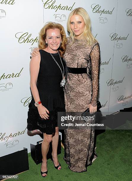 Co-President and Artistic Director of Chopard Caroline Gruosi-Scheufele and actress Gwyneth Paltrow pose for photos at the star studded gala...