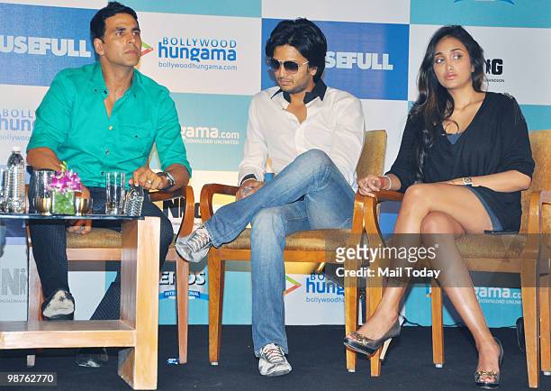 Akshay Kumar, Ritesh Deshmukh and Jiah Khan at a promotional event for the film Houseful in Mumbai on April 29, 2010.