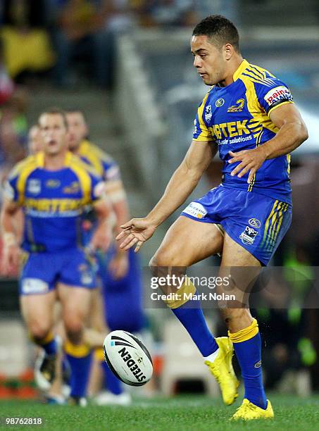 Jarryd Hayne of the Eels kicks during the round eight NRL match between the Parramatta Eels and the Canterbury-Bankstown Bulldogs at ANZ Stadium on...