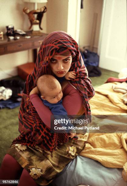 German singer Nina Hagen with her baby daughter Cosma Shiva Hagen at the Gramercy Park Hotel, New York City, 1981.