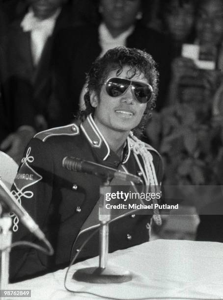 American singer Michael Jackson at a press conference in New York to promote a tour by the Jackson 5, 1983.