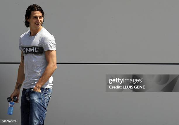 Barcelona's Swedish forward Zlatan Ibrahimovic leaves the "Sports Center FC Bacelona Joan Gamper" in Barcelona, after a training session on April 30,...