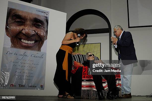 Singer la Negra Chagra , Chavela Vargas and Mario Avila during the presentation of the album ?Por Mi Culpa? at Estacion Indianilla Cultural Center on...