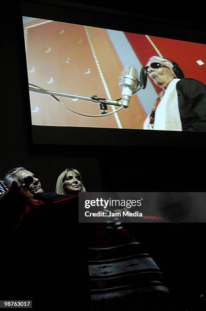 Mexican singer Chavela Vargas and Maria Cortina during the presentation of the album ?Por Mi Culpa? at Estacion Indianilla Cultural Center on April...