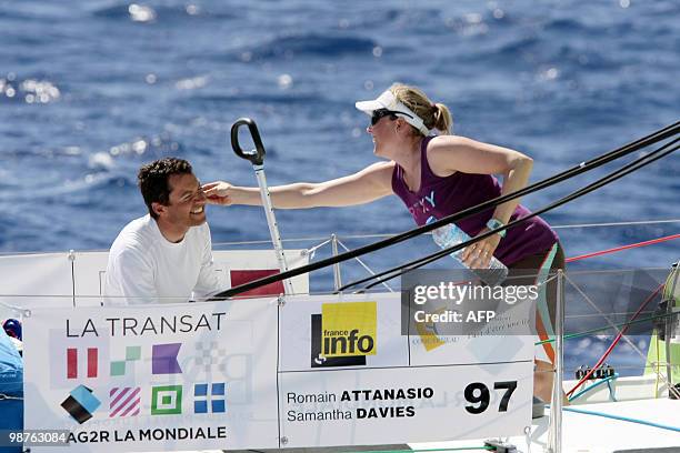 French skipper Romain Attanasio and his team mate UK Samantha Davies sail on their "Saveol" monohull on April 30, 2010 during the AG2R sailing race...