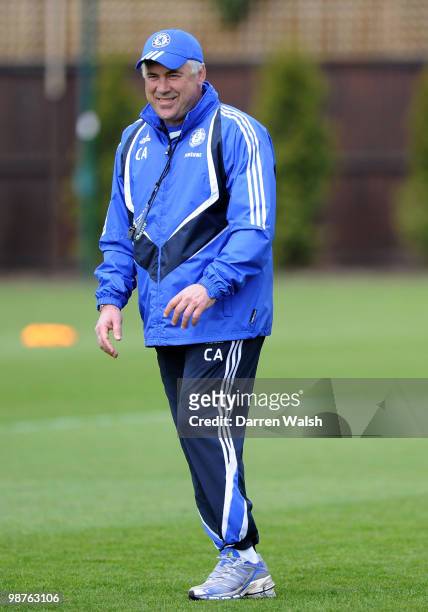 Chelsea manager Carlo Ancelotti smiles during a training session at the Cobham Training ground on April 30, 2010 in Cobham, England.