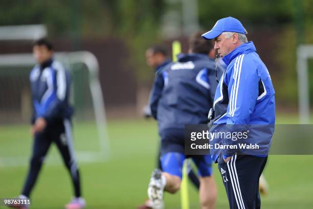 Chelsea manager Carlo Ancelotti looks on during a training session at the Cobham Training ground on April 30, 2010 in Cobham, England.