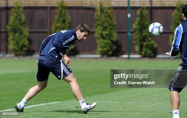 Branislav Ivanovic of Chelsea in action during a training session at the Cobham Training ground on April 30, 2010 in Cobham, England.