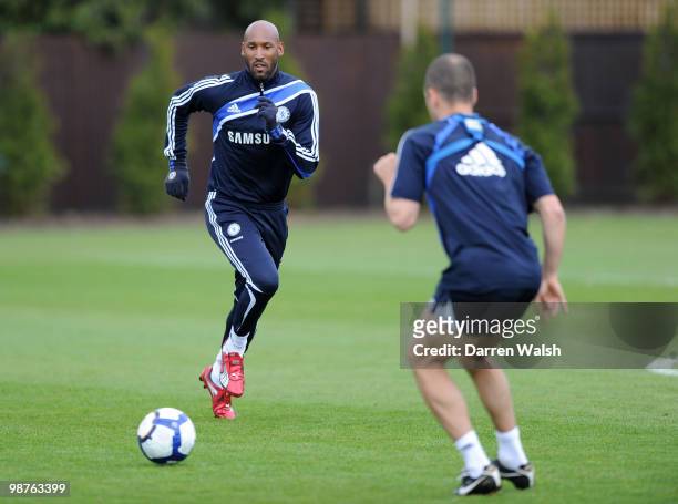 Nicolas Anelka of Chelsea in action during a training session at the Cobham Training ground on April 30, 2010 in Cobham, England.