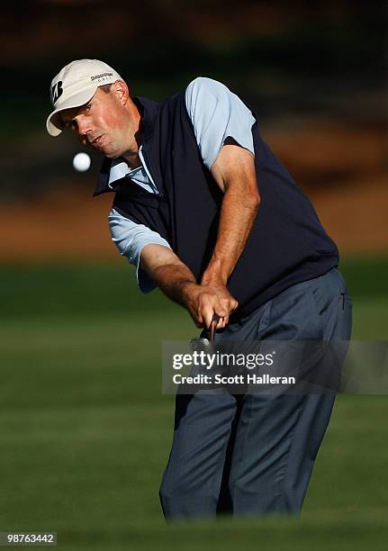 Matt Kuchar hits a pitch shot on the fifth hole during the second round of the 2010 Quail Hollow Championship at the Quail Hollow Club on April 30,...