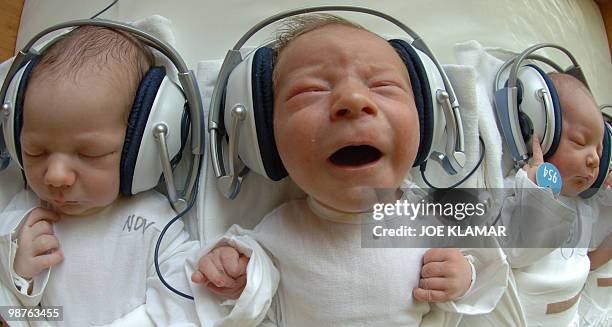 One and Two-day-old newborn babies listen to music with headphones at the 1st Private Hospital in eastern Slovak metropol of Kosice-Saca 11 August...