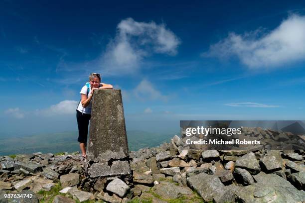 hiker at a trig point in the black mountains, brecon beacons national park, wales. - crickhowell stockfoto's en -beelden