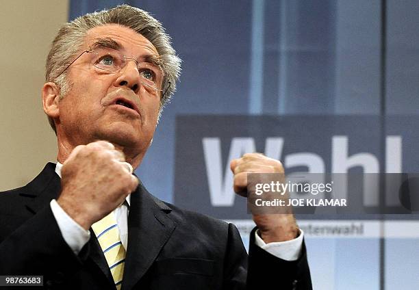 Austrian President Heinz Fischer speaks after he won his second six-year term in office, in Austria's Presidential Elections 2010 headquarters in...